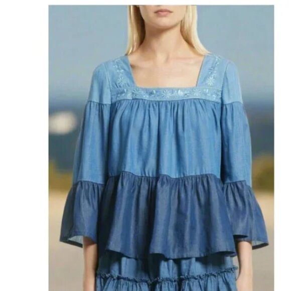 kate spade Tops - Kate Spade Square Neck Tiered Top Womens Smocked Blue Floral Embroidery Chambray